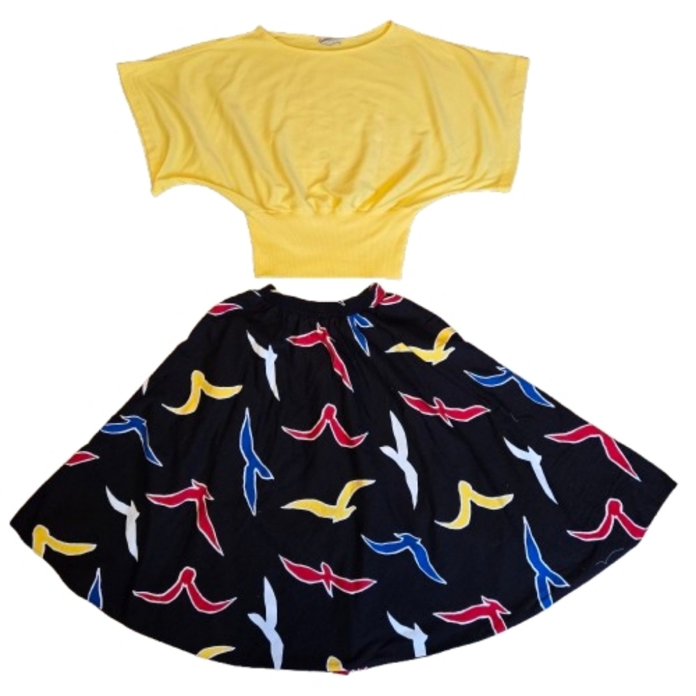 Vintage 80s Tumbleweeds Black Bird Print Full Midi Skirt Colorful Novelty Retro - Picture 2 of 15